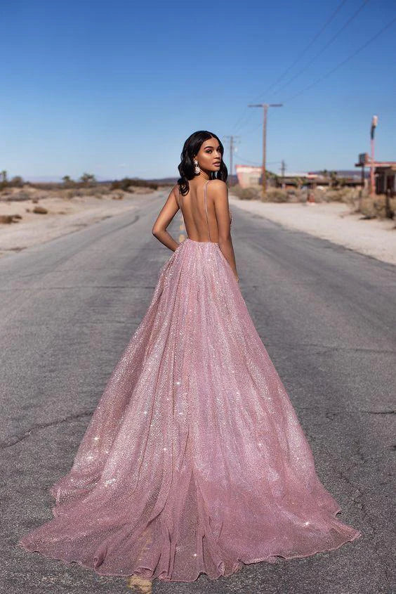 Vestidos formales sexys con escote en V profundo y tirantes finos, espalda abierta, tul con lentejuelas, vestido de fiesta largo / Tienda de vestidos de fiesta